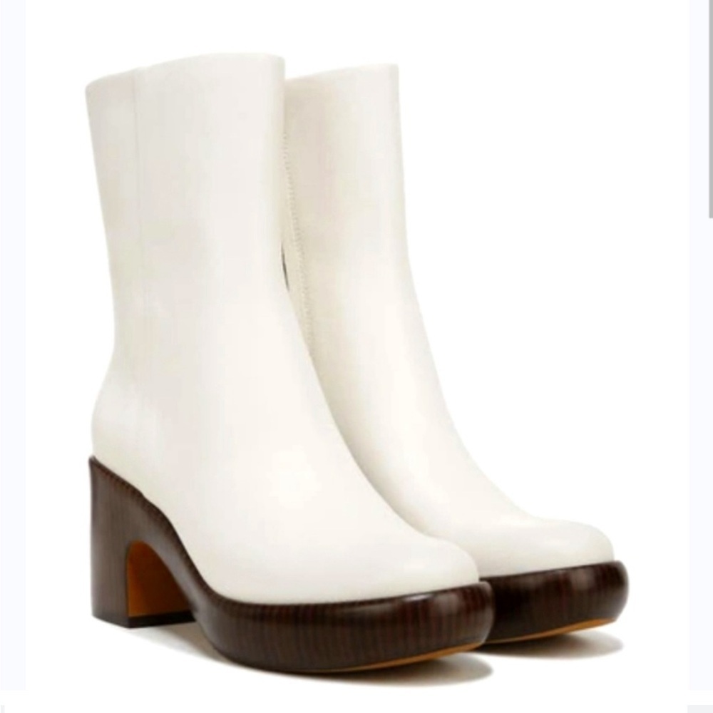 Vince Nicco Leather Boot White Wood Patform Heel Clog Zipper Womens 7.5